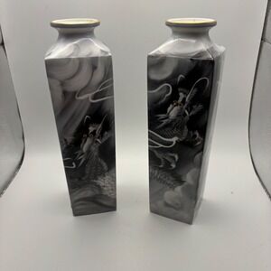 Noritake Dragon Vases‎ Bone China Square Asian Decor Pair 12" Tall